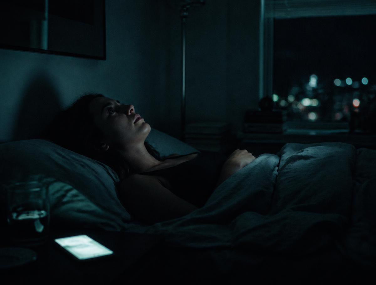 Mujer despierta en la madrugada mirando el techo